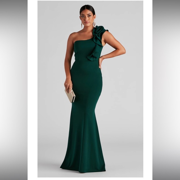 Formal One-Shoulder Ruffle Dress - Picture 1 of 9